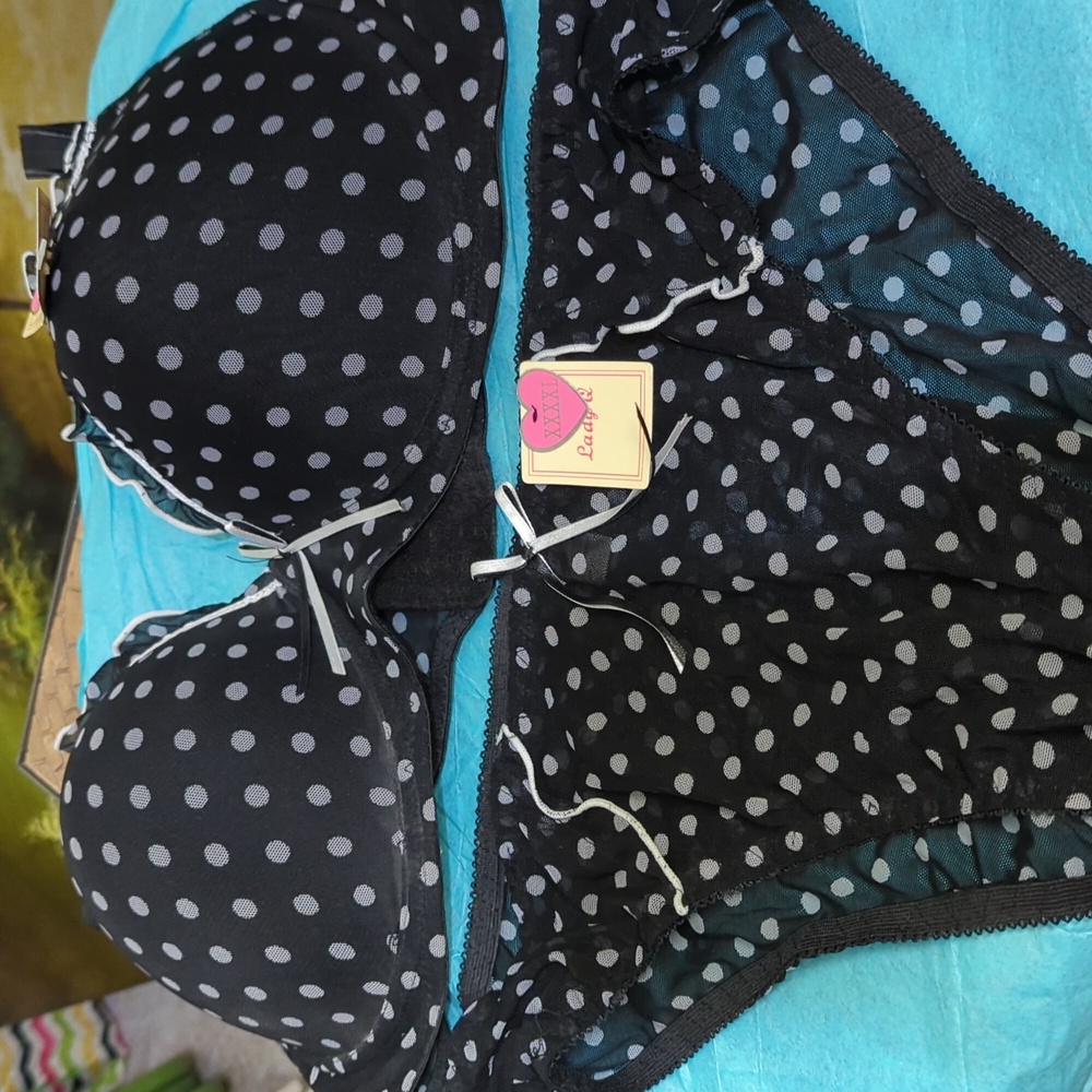 NWT Lady Q Black and White Polka Dot Bikini Size 46D Bra & Underwear Set